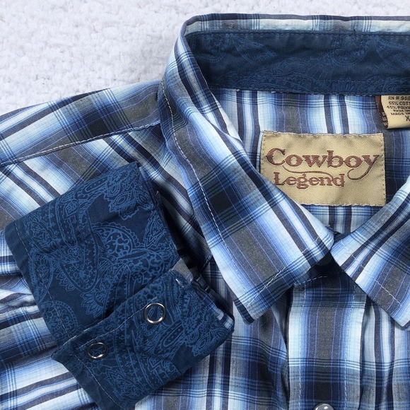 Cowboy Legend Western Shirt Mens  M / L Blue Plaid Pearl Snap Flip‎ Cuff Rodeo - Picture 6 of 13